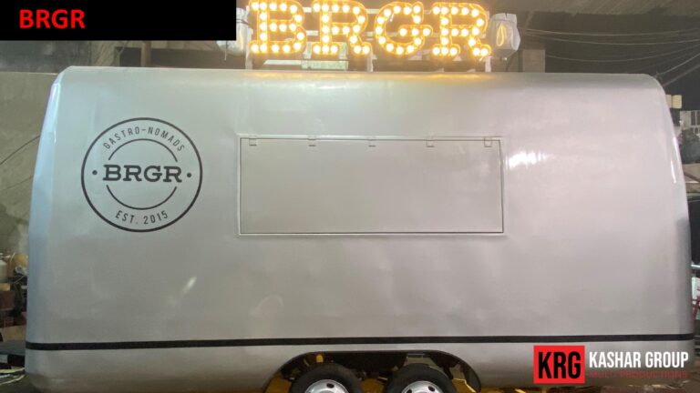 Mobile Solutions Silver food trailer with BRGR logo and illuminated sign