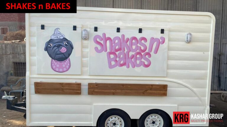 Mobile Solutions Cream-colored food truck named "SHAKES n BAKES" with a pug illustration