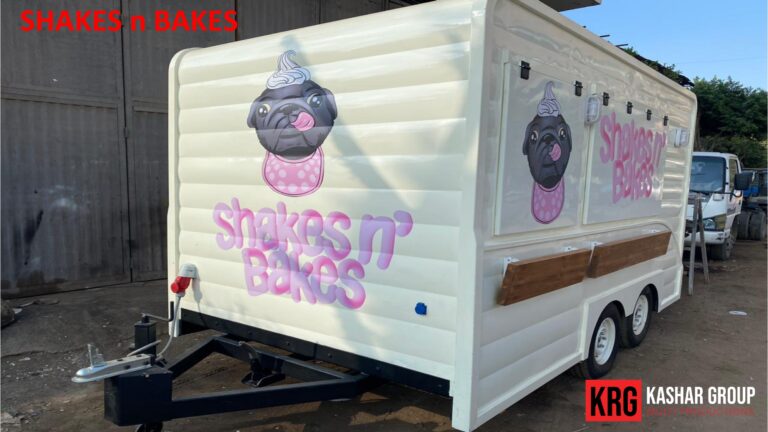 Mobile Solutions Shakes n' Bakes food trailer with pug graphic and pink lettering