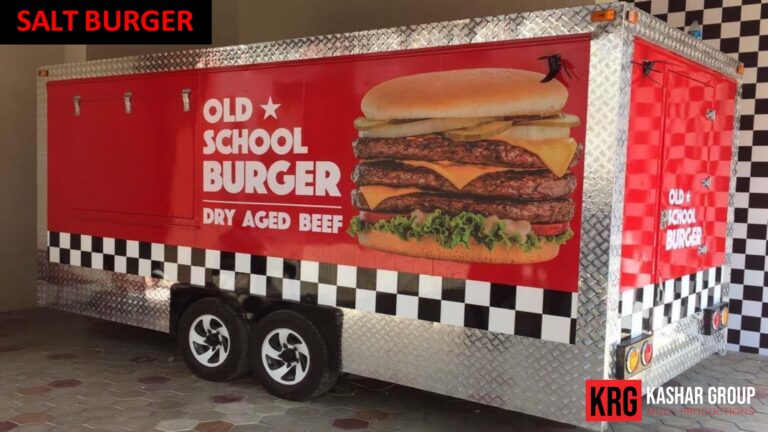 Mobile Solutions Salt Burger food trailer with "Old School Burger Dry Aged Beef" text