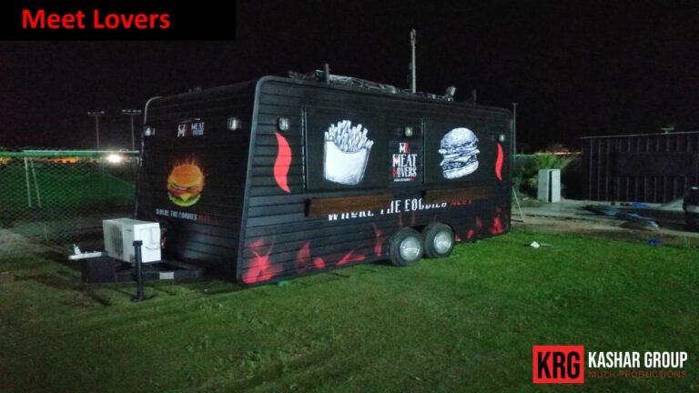 Mobile Solutions Food trailer with "Meet Lovers" branding, featuring burger and fries graphics