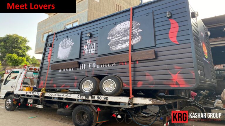 Mobile Solutions Food trailer for "Meat Lovers" with burger and fries graphics on a truck
