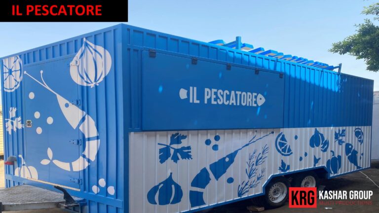 Mobile Solutions Blue food trailer with "Il Pescatore" text and seafood graphics