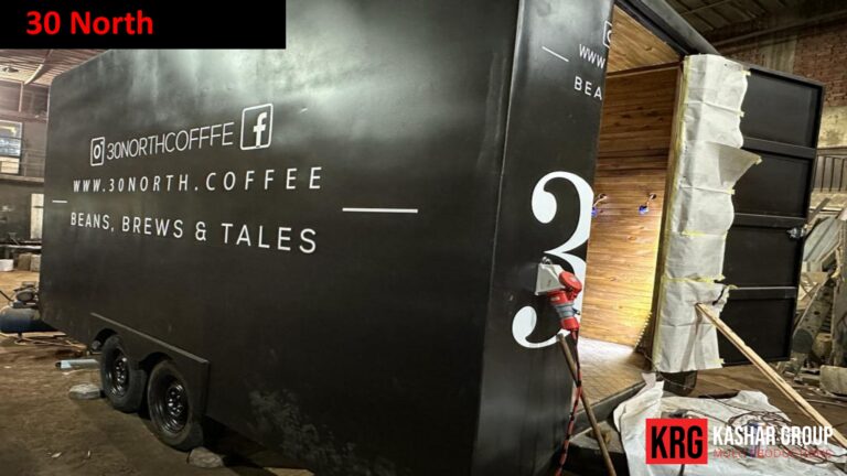 Mobile Solutions 30 North coffee food trailer with beans, brews, and tales branding