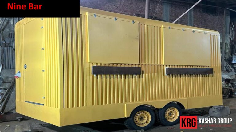 Mobile Solutions Yellow food trailer with "Nine Bar" text and KRG logo