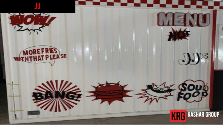 Mobile Solutions JJ's food container with "Wow!", "Menu", "More Fries", "Bang!", and "Soup Food" graphics