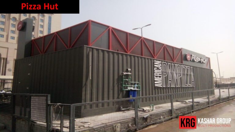 Mobile Solutions Pizza Hut restaurant constructed from shipping containers, featuring "American Pan Pizza" signage