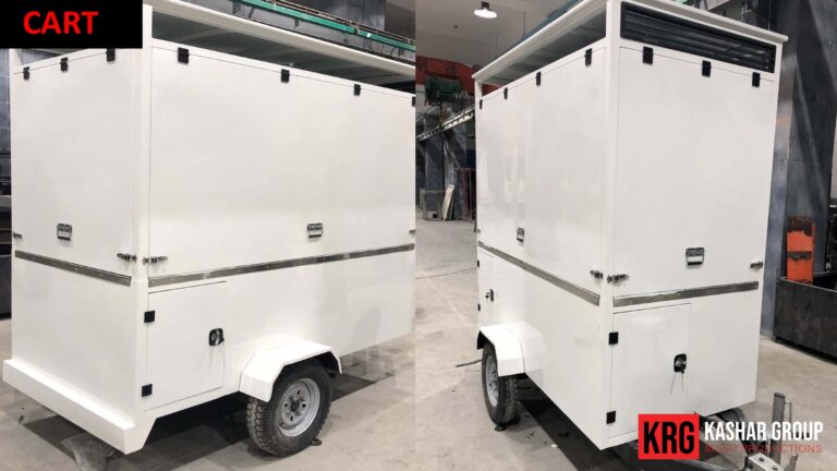 Mobile Solutions Two white food trailers side-by-side, one with a KRG logo