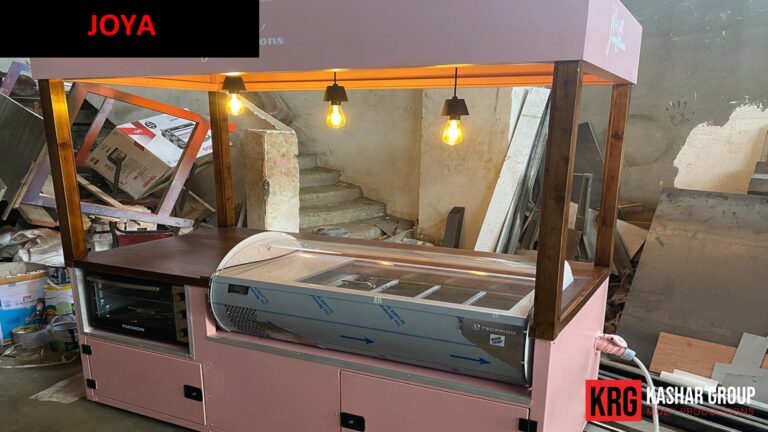 Mobile Solutions Pink food trailer with JOYA branding, ice cream display, and oven