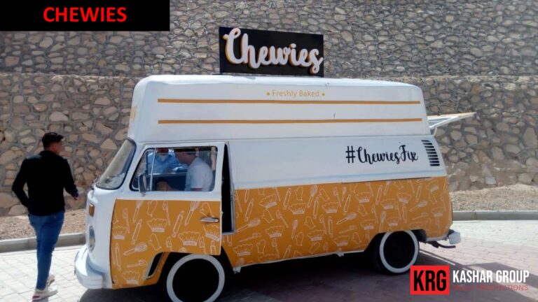 Mobile Solutions Chewies food trailer with a retro VW bus design, featuring "Chewies" logo