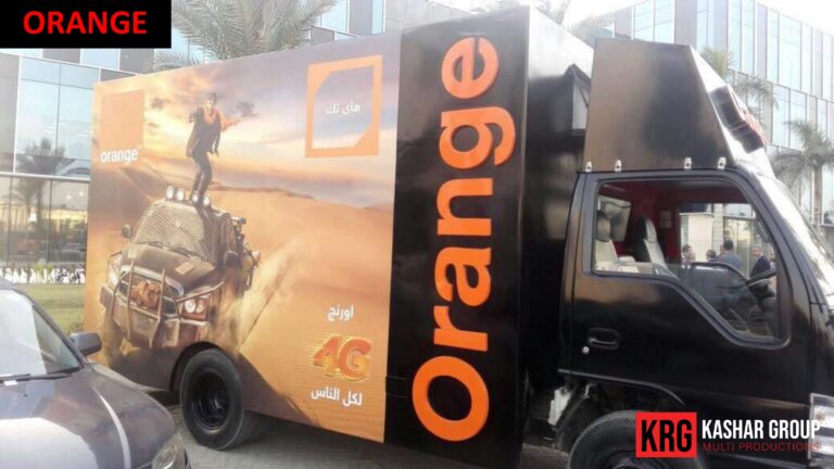 Mobile Solutions Orange mobile van with 4G advertisement, "Orange" logo prominent
