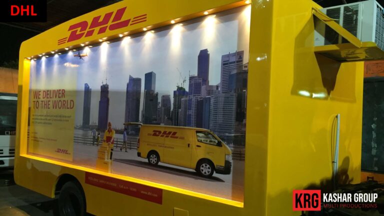 Mobile Solutions DHL delivery truck with large advertisement for "We Deliver to the World