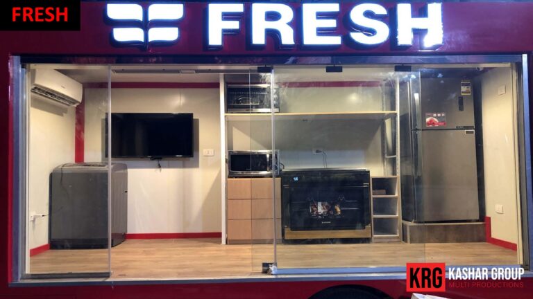 Mobile Solutions Fresh advertising trailer interior with appliances and "FRESH" logo