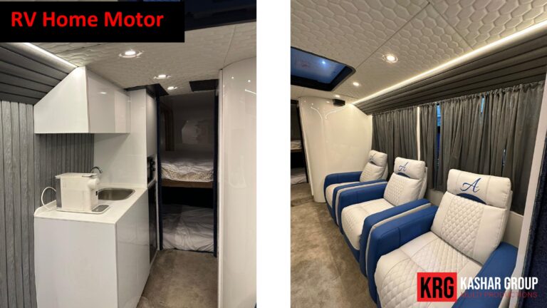 Mobile Solutions RV home motor interior with kitchen and seating area