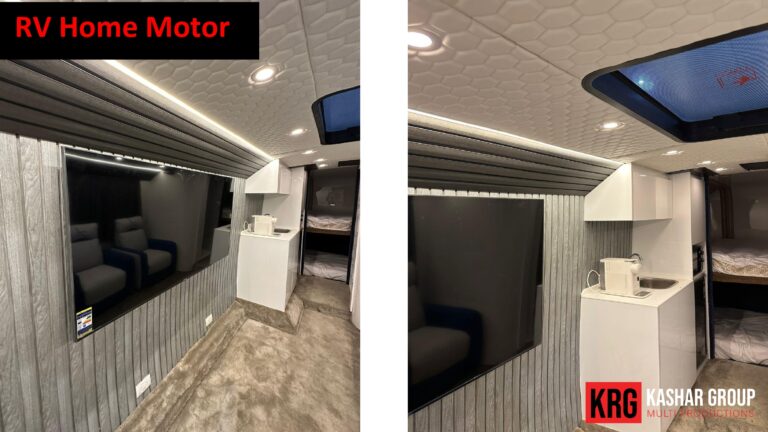 Mobile Solutions Interior of a luxury RV home motor with modern amenities and bunk beds