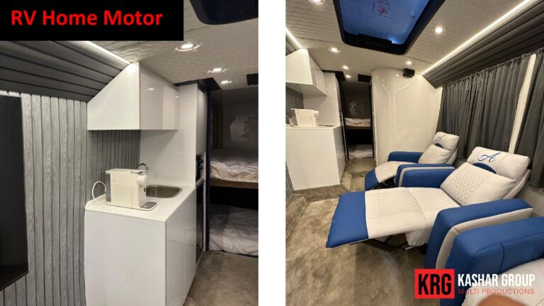Mobile Solutions Luxury RV interior with modern kitchen and comfortable seating