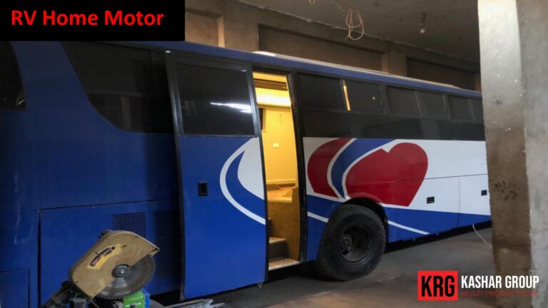 Mobile Solutions Blue RV home motor with open door, KASHAR GROUP logo