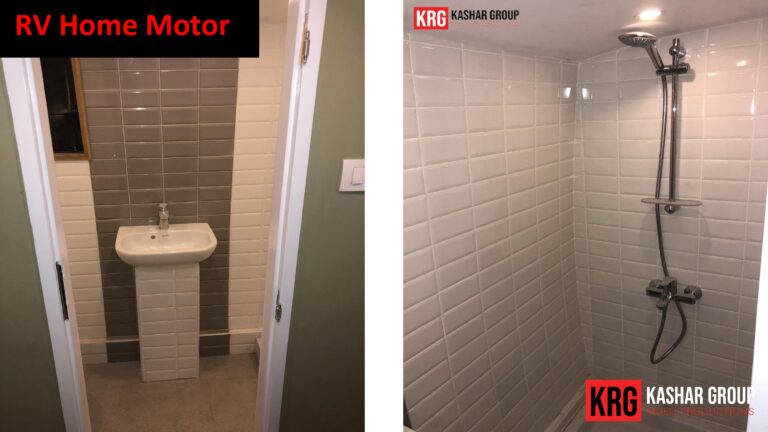 Mobile Solutions RV home motor bathroom with sink and tiled shower