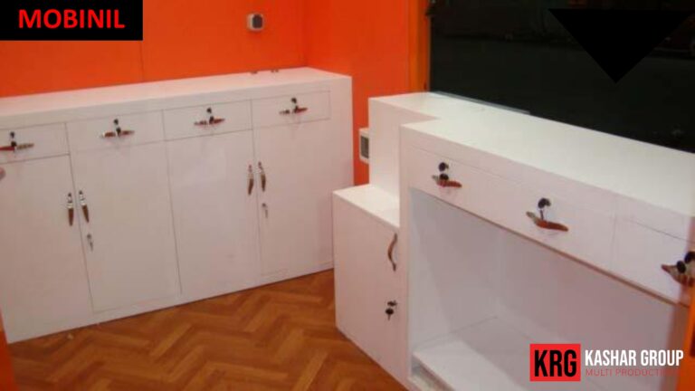 Mobile Solutions White kiosks with locks and drawers, featuring MOBINIL and KRG logos