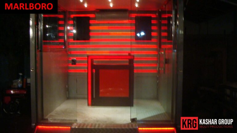 Mobile Solutions Marlboro advertising trailer with red lighting and KRG logo