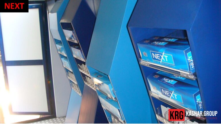 Mobile Solutions NEXT advertising trailer display with blue panels and cigarette packs