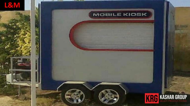 Mobile Solutions Mobile kiosk advertising trailer with "MOBILE KIOSK" text, blue and white