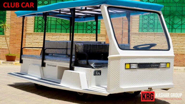 Mobile Solutions White Taylor-Dunn club car with blue canopy, seating for passengers