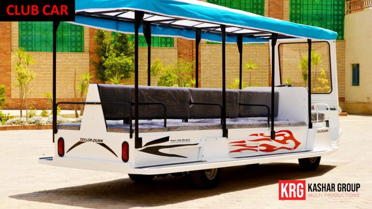 Mobile Solutions Club Car electric shuttle with Taylor-Dunn branding, seating for passengers