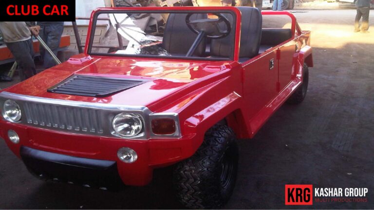 Mobile Solutions Red Club Car golf cart with custom modifications for off-road use