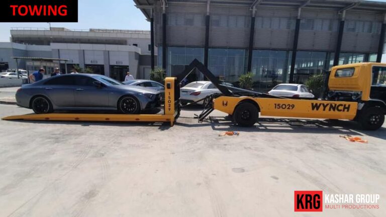 Mobile Solutions Yellow towing truck with a car on its flatbed, featuring "WYNCH" and "15029" text
